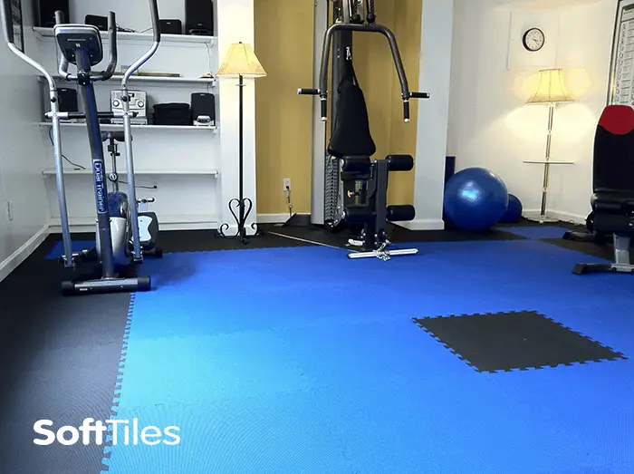 Foam tile flooring installed in a home gym.
